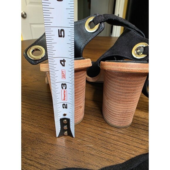 Black Suede Open-Toe Heeled Sandals With Wraparound Straps & Wooden Block Heel B - Picture 6 of 16